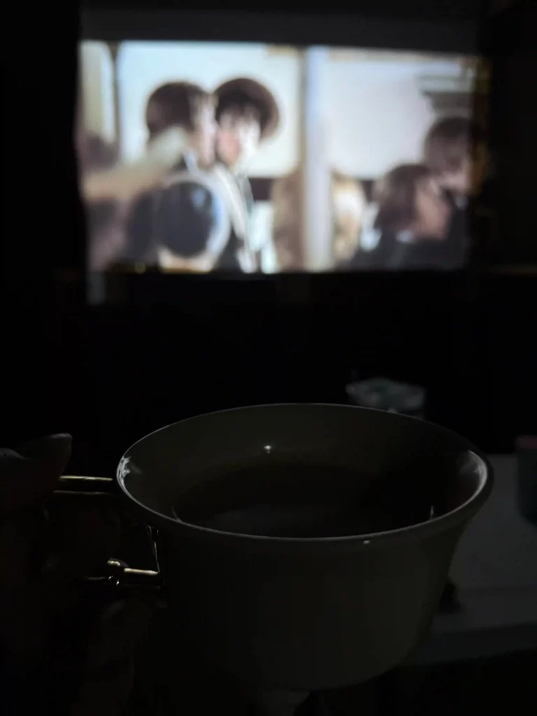 A movie projected onto a white sheet, representing easy self-care ideas at home for literary lovers.