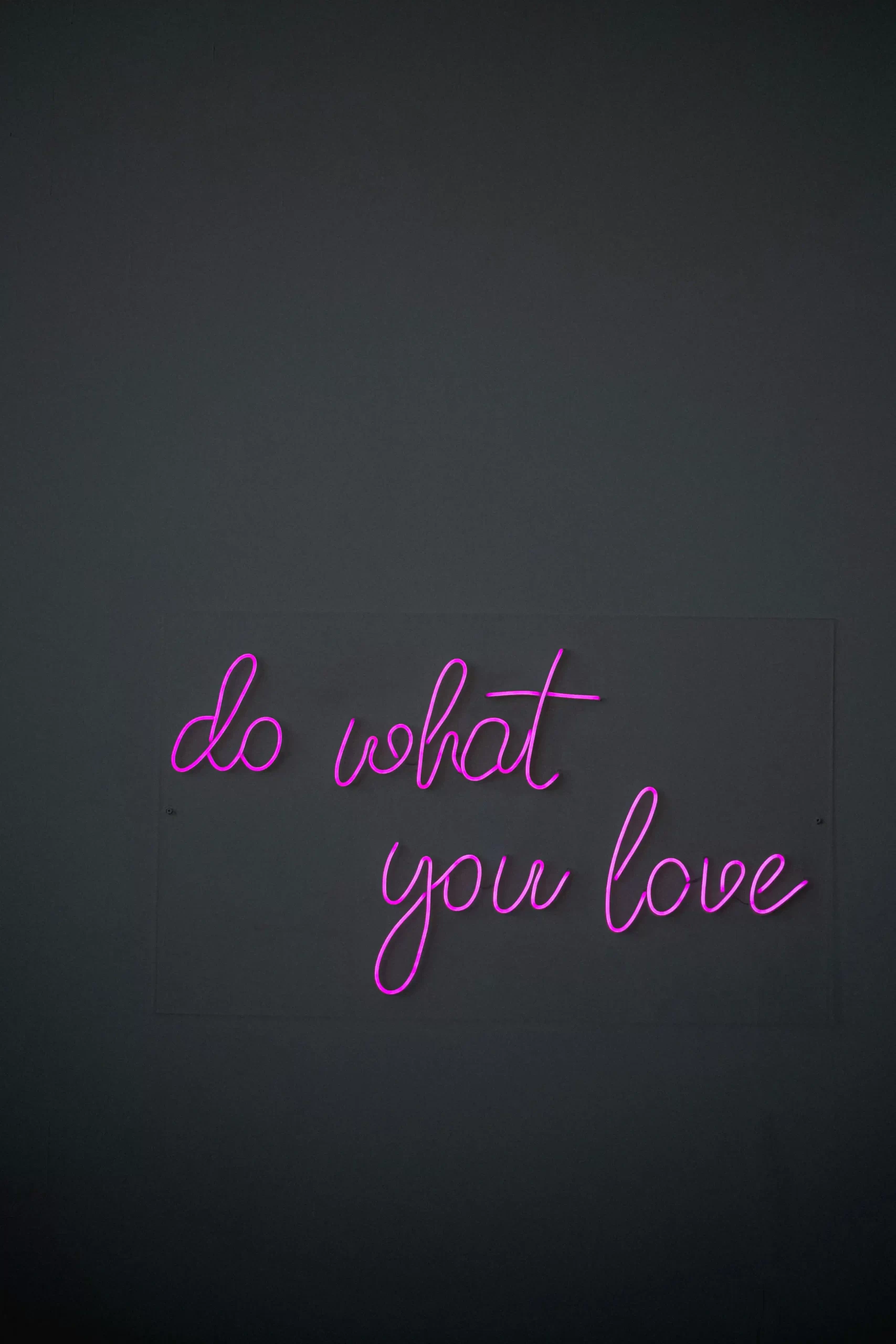 A black background with purple neon-like letters which read "do what you love" in cursive letters