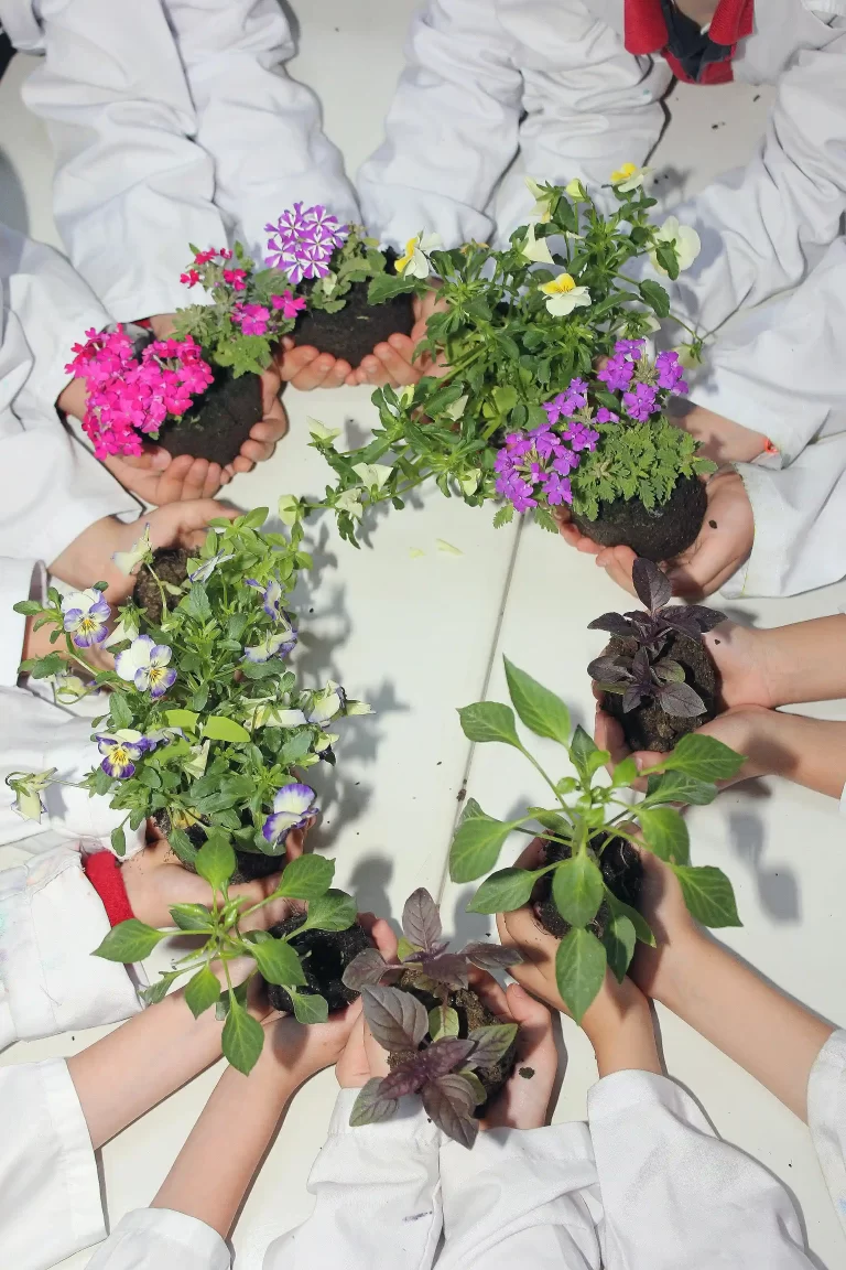About 5 pair of hands where each hand is holding a small pot of colorful flowers