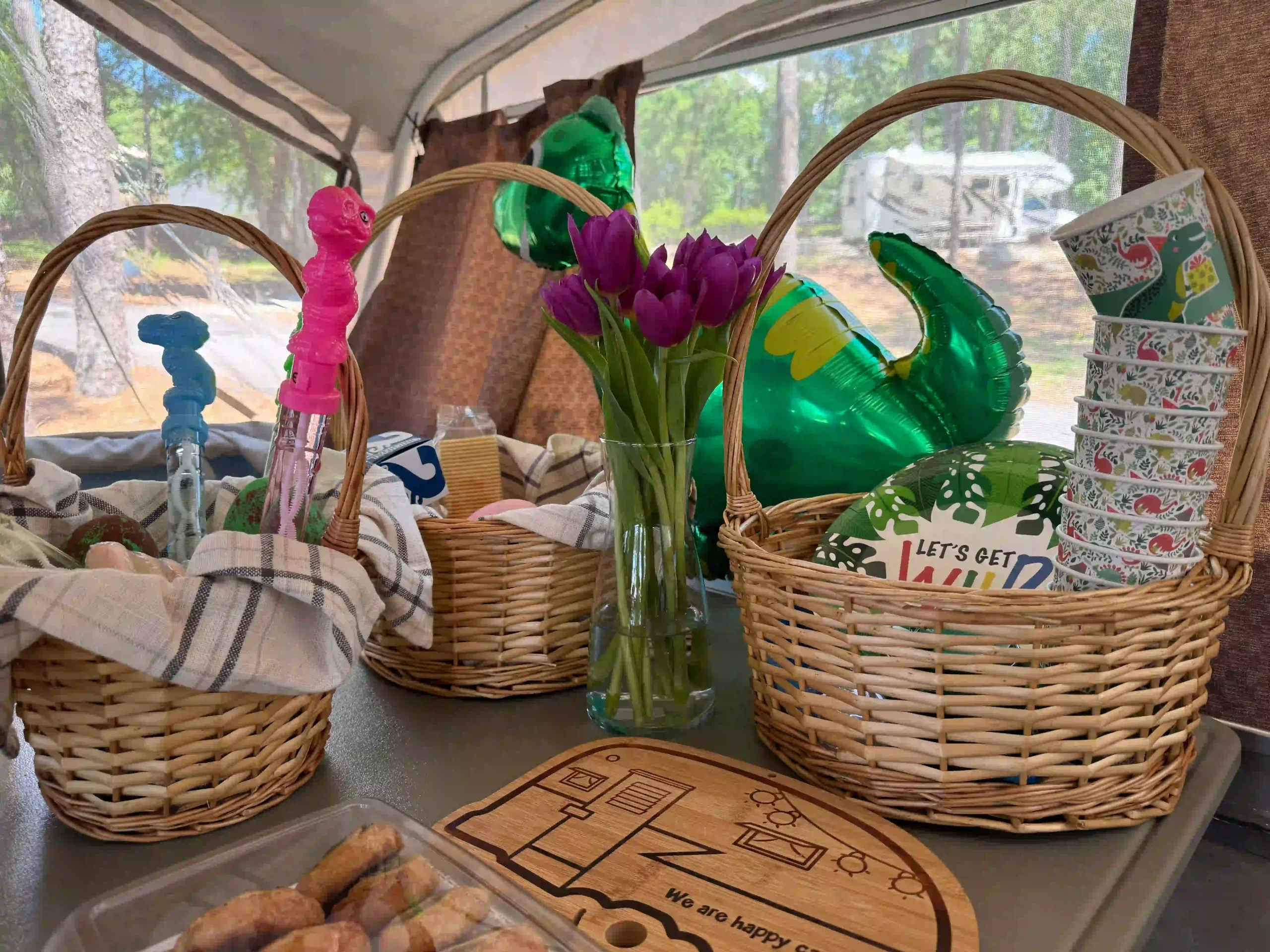Birthday celebration for homeschoolers. Three baskets holding dinosaur decor.