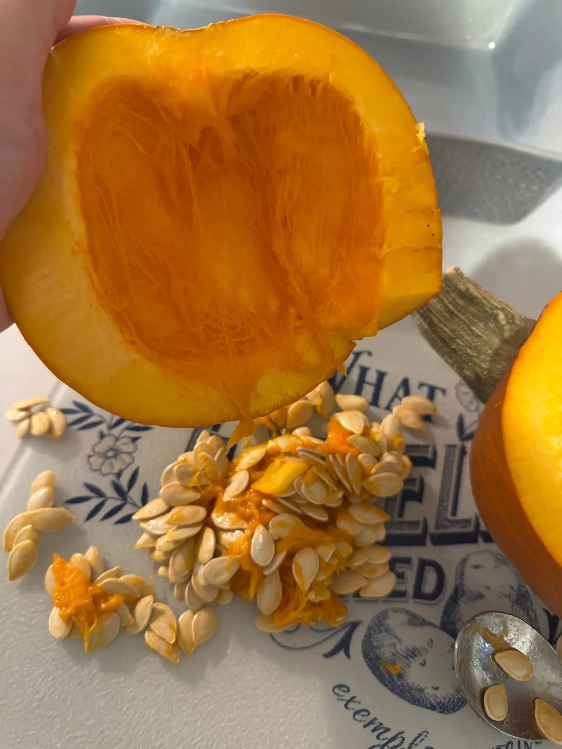 A pie pumpkin cut in half, representing a homemade pumpkin pie recipe