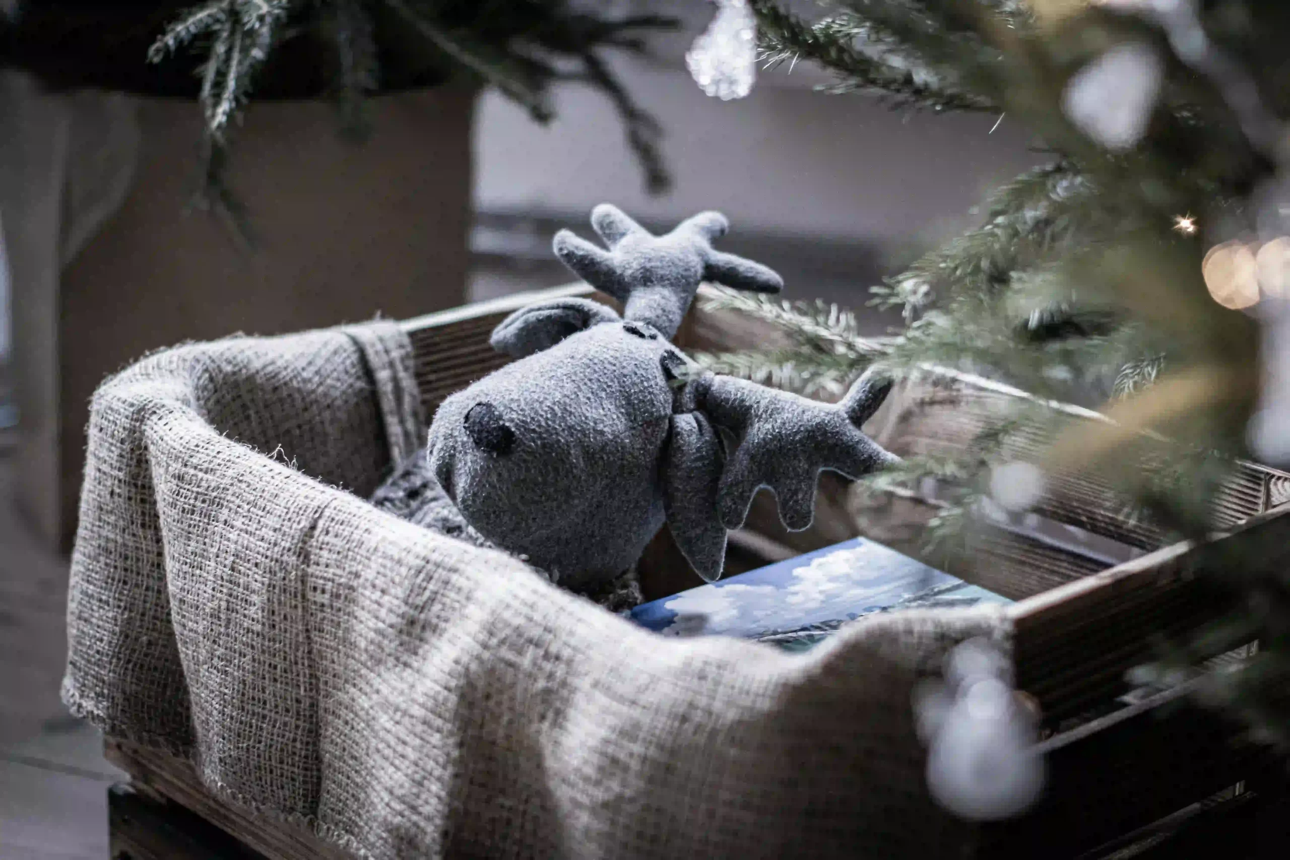 A black and white image of a crate box underneath a Christmas tree, representing Christmas Eve box ideas