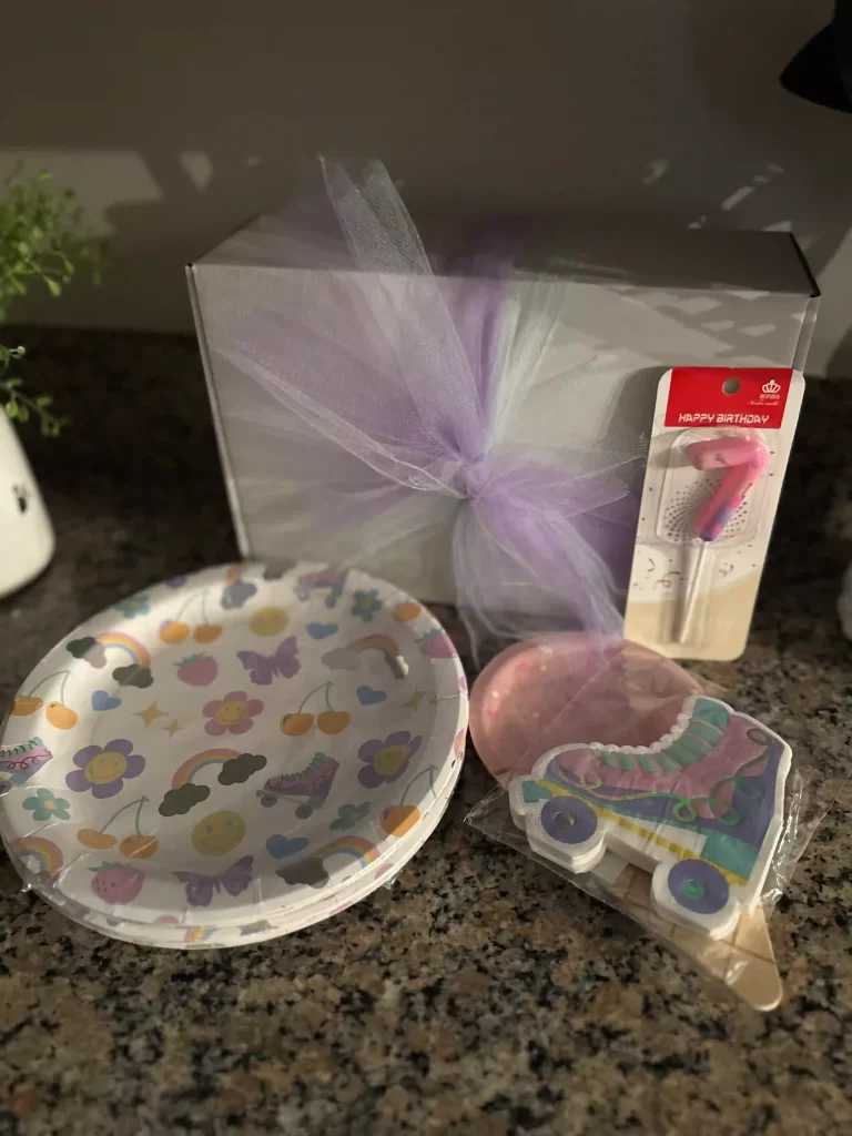 Roller skate, retro-themed paper plates and napkins, representing a Freaky Friday birthday